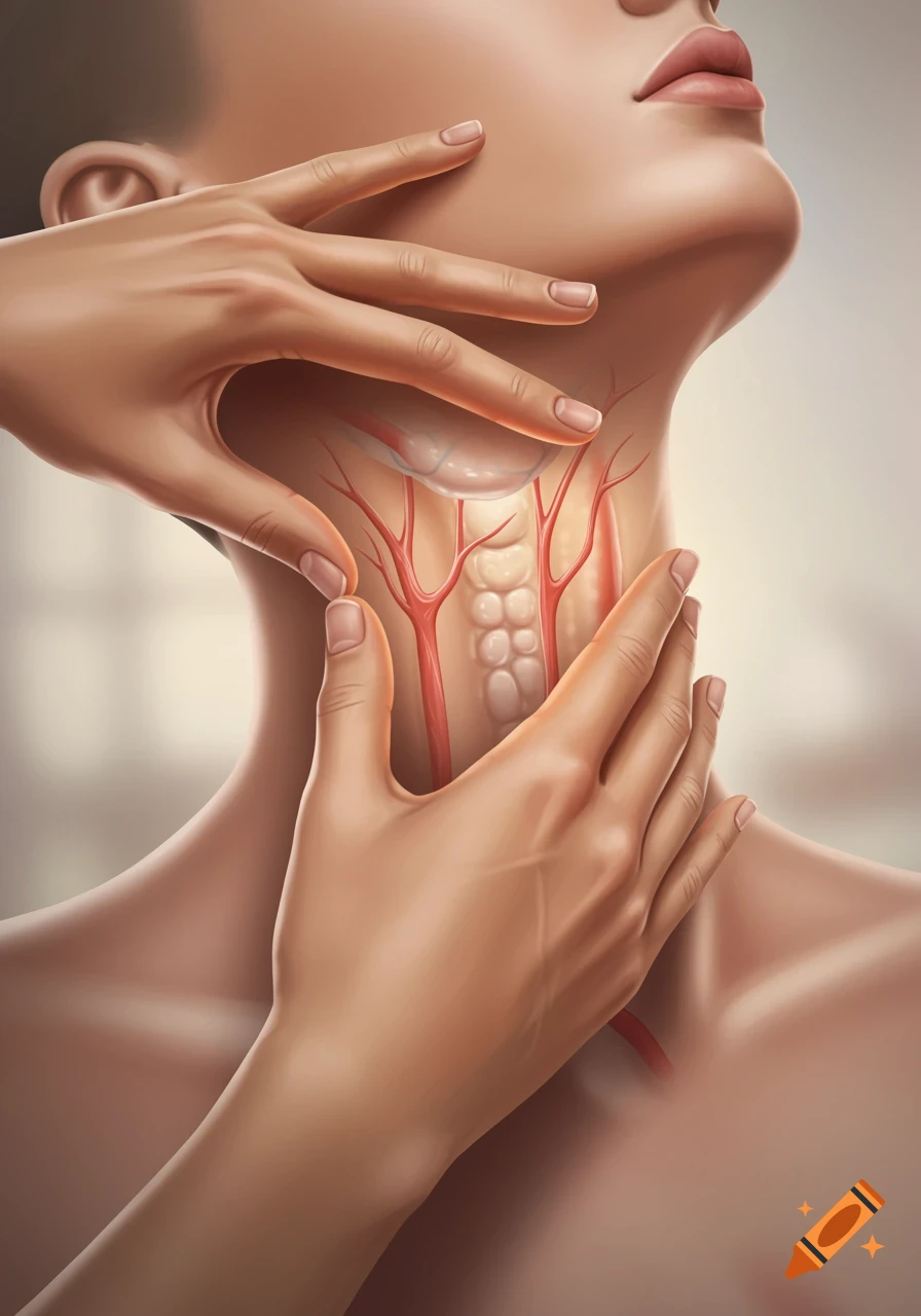 Detailed anatomical illustration of hands palpating a human neck, revealing internal blood vessels and glands.