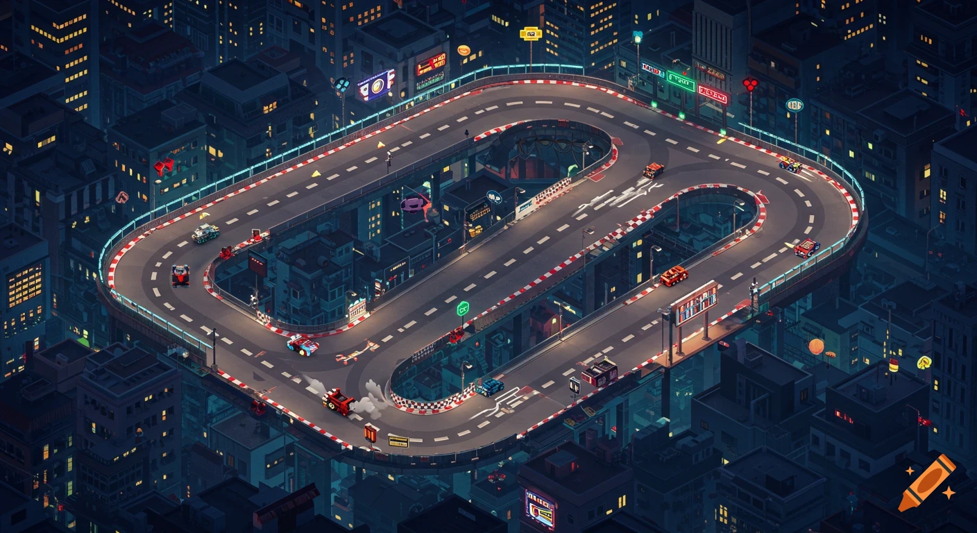 An isometric pixel art view of a winding retro video game racetrack with cars, illuminated by neon lights, in a futuristic city at night.