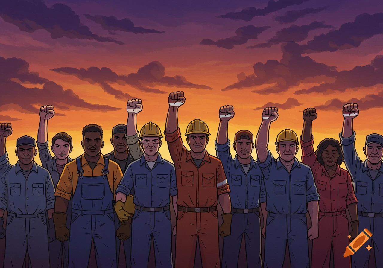 Cartoon of diverse blue-collar workers raising fists with American flag patterns against an orange and purple sunset sky.