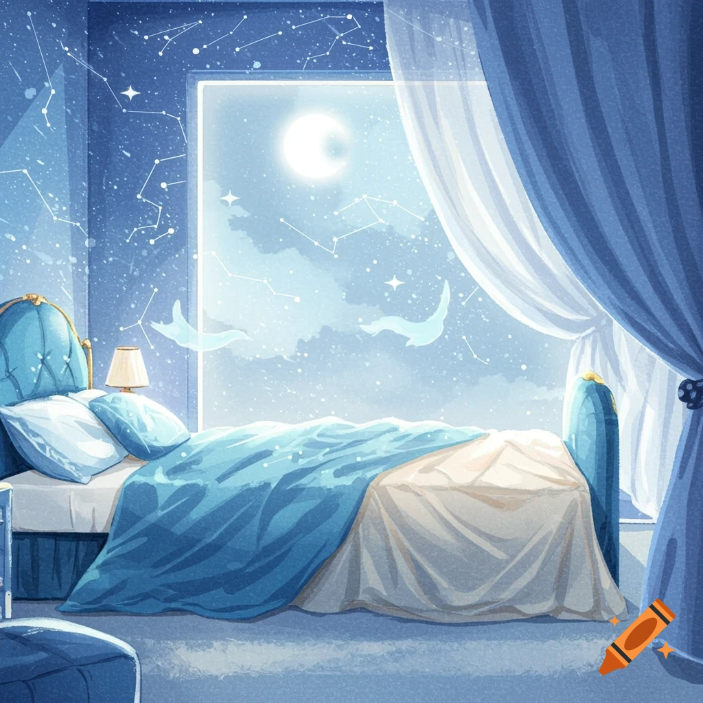 A dreamy blue bedroom with constellations on the wall and a moonlit window showing a starry, cloudy night sky.