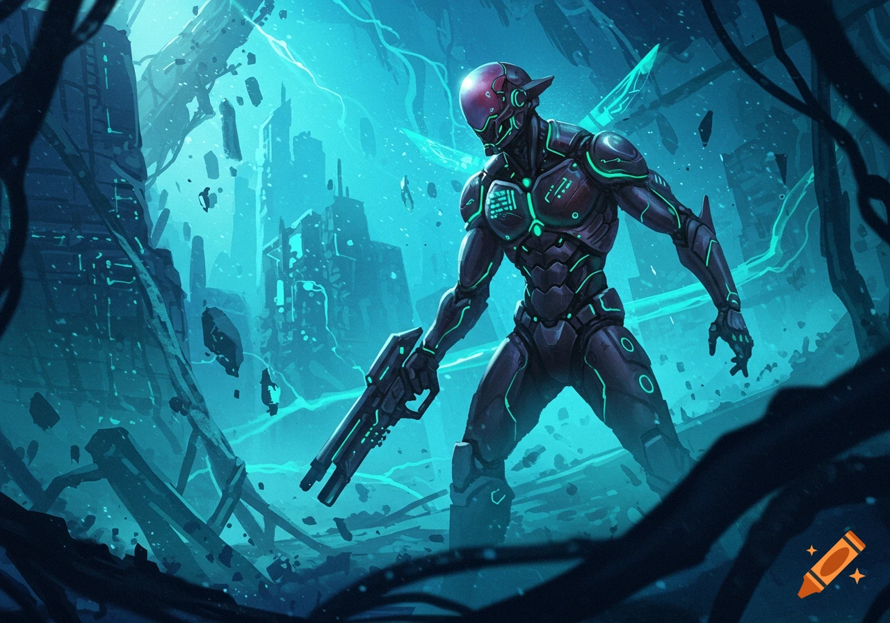 A dark cyborg figure with glowing green details stands holding a rifle in a teal, glowing ruined futuristic city.
