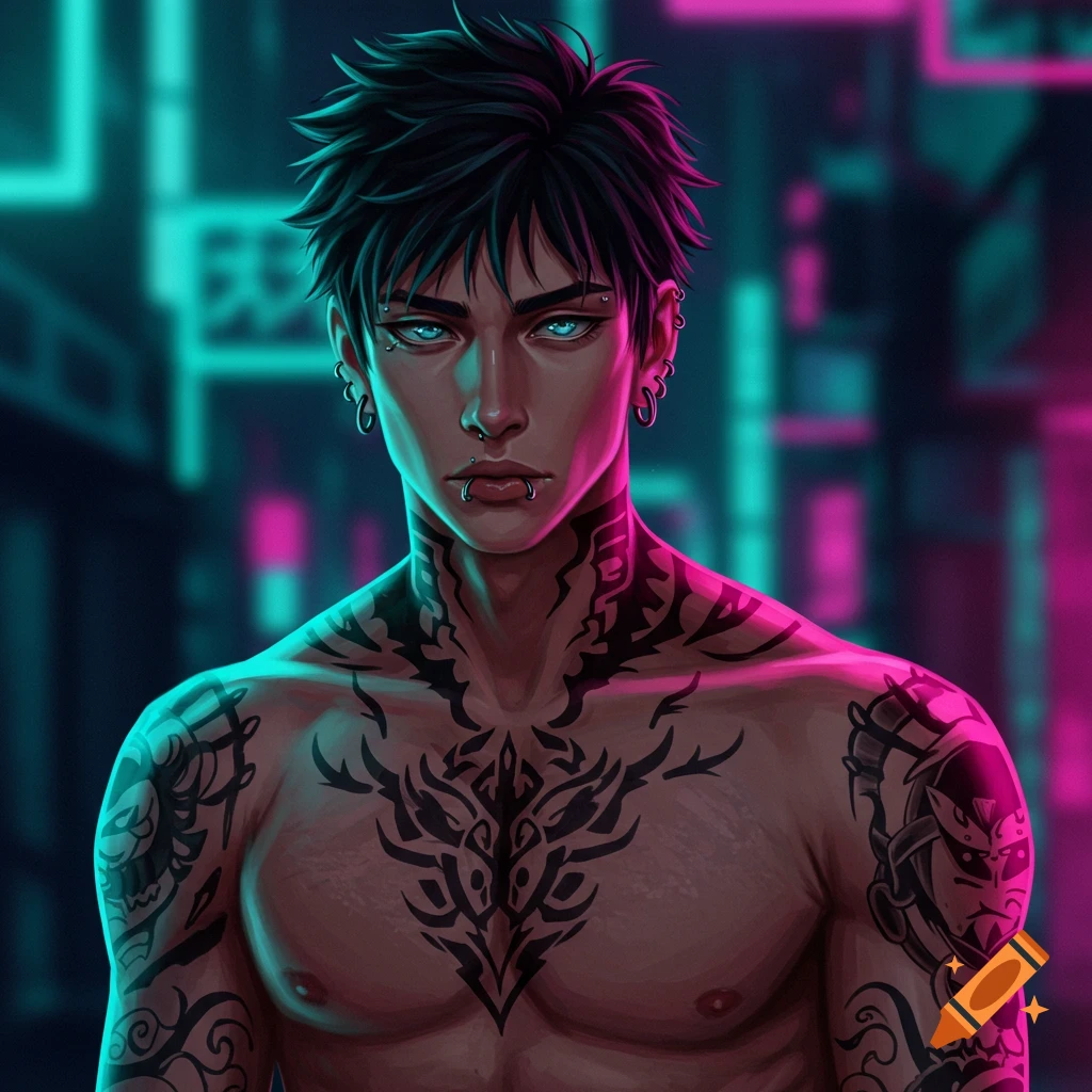 Animated male with black spiky hair, blue eyes, facial piercings, and tribal tattoos, lit by neon teal and pink lights.