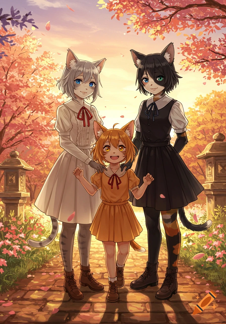 Three anime-style catgirls, a young child and two adults, stand on a path surrounded by autumn trees and flowers at sunset.