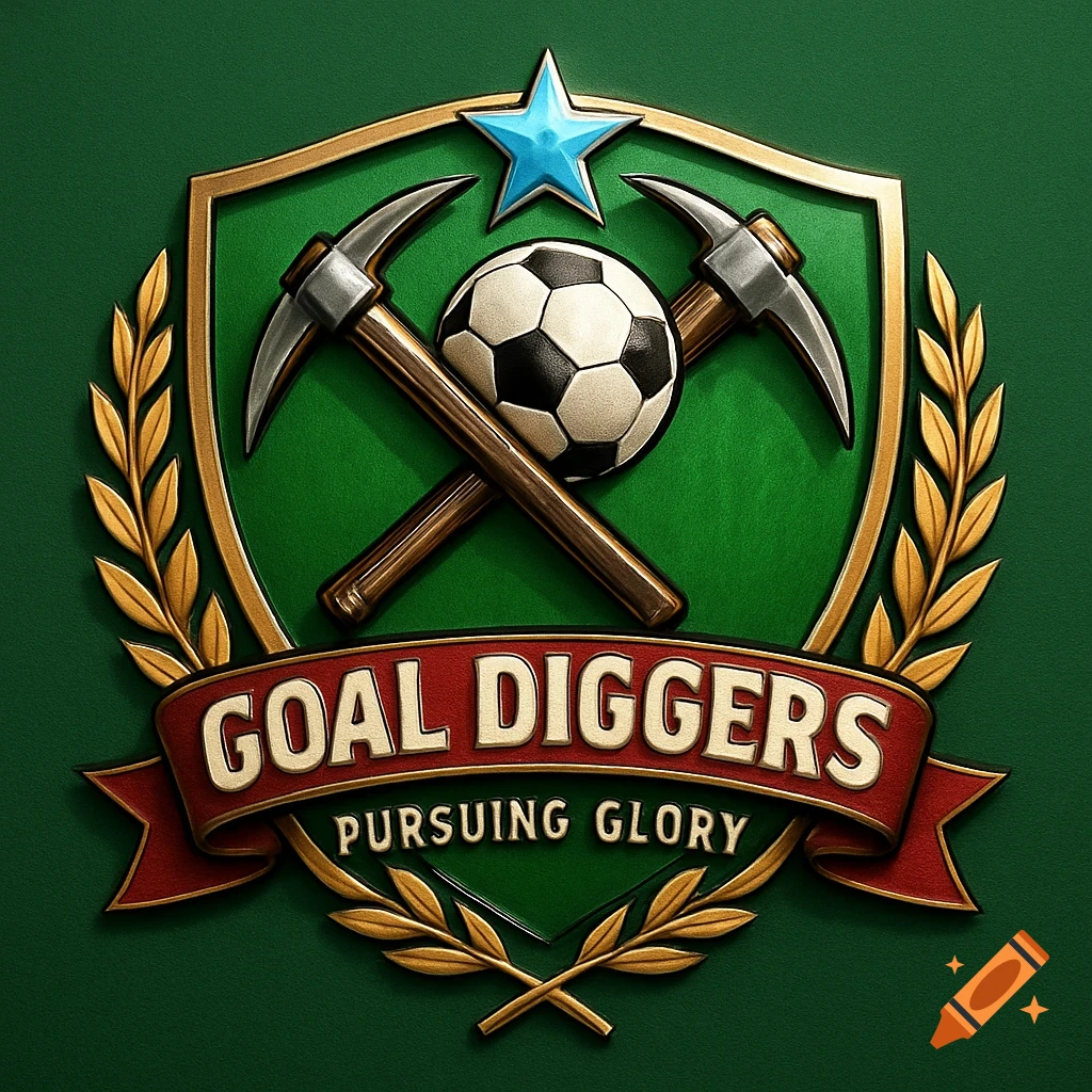 A green and gold sports emblem with two crossed pickaxes, a soccer ball, a blue star, and a red banner reading 'GOAL DIGGERS PURSUING GLORY'.