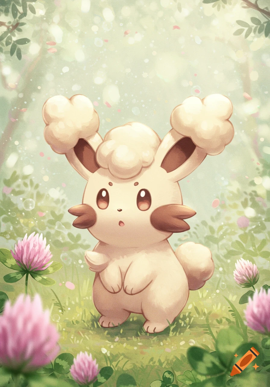 A cute, light brown, fluffy creature similar to a Buneary stands in a lush green field with pink clover flowers and sparkling light.