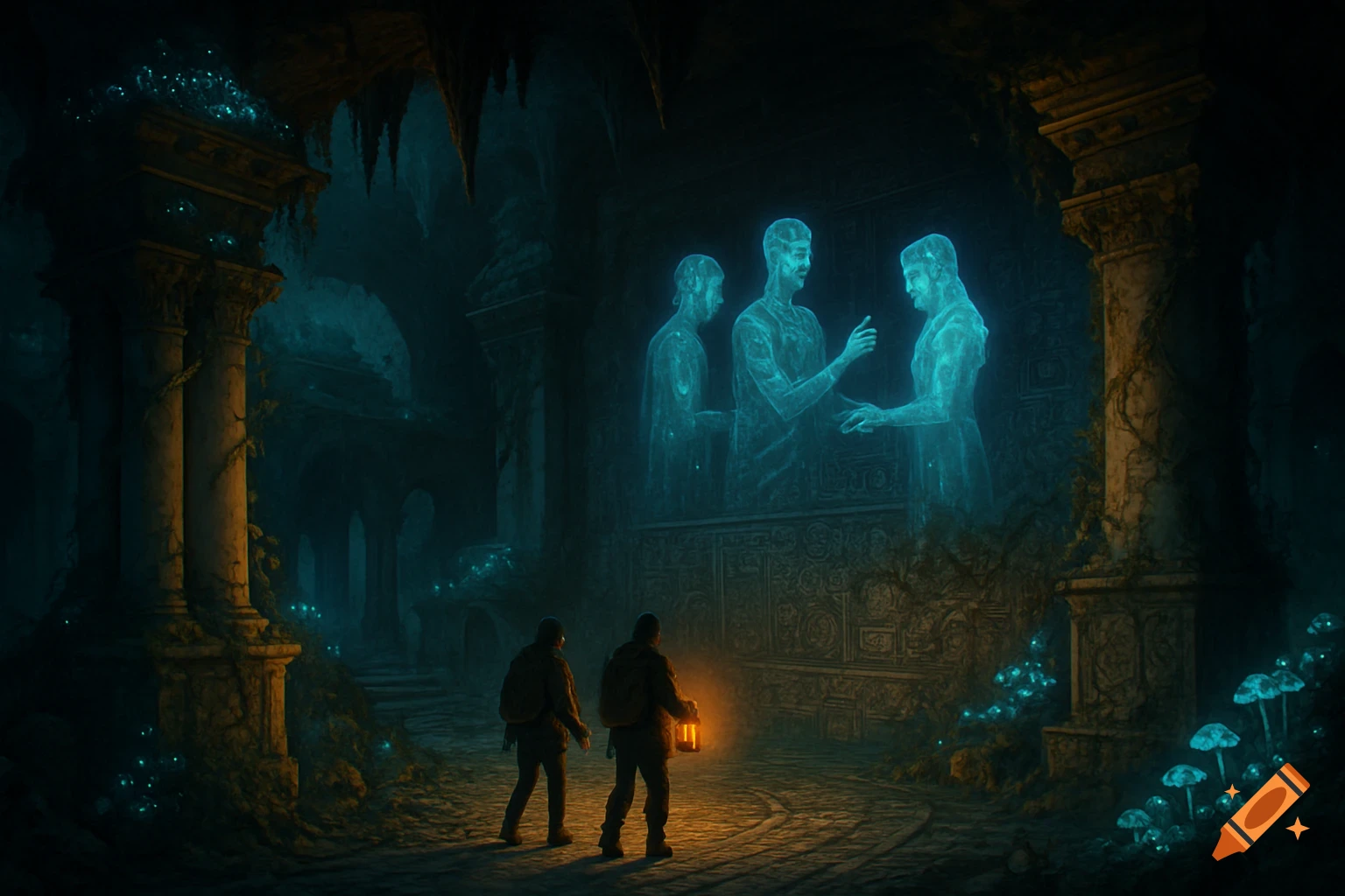 Two explorers with a lantern in a dark, overgrown ancient ruin, looking at three glowing blue holographic figures.