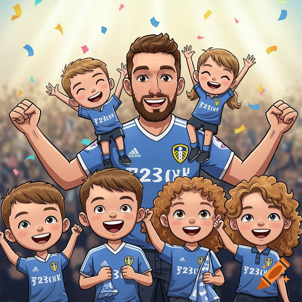 Cartoon illustration of a happy dad with his five children celebrating, all wearing blue Leeds United football shirts with distorted text, surrounded by confetti.