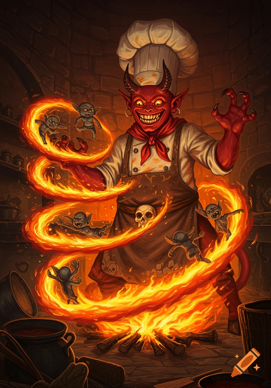 Vibrant illustration of a red devil chef cooking small grey goblins with a fire spiral in a fiery kitchen.