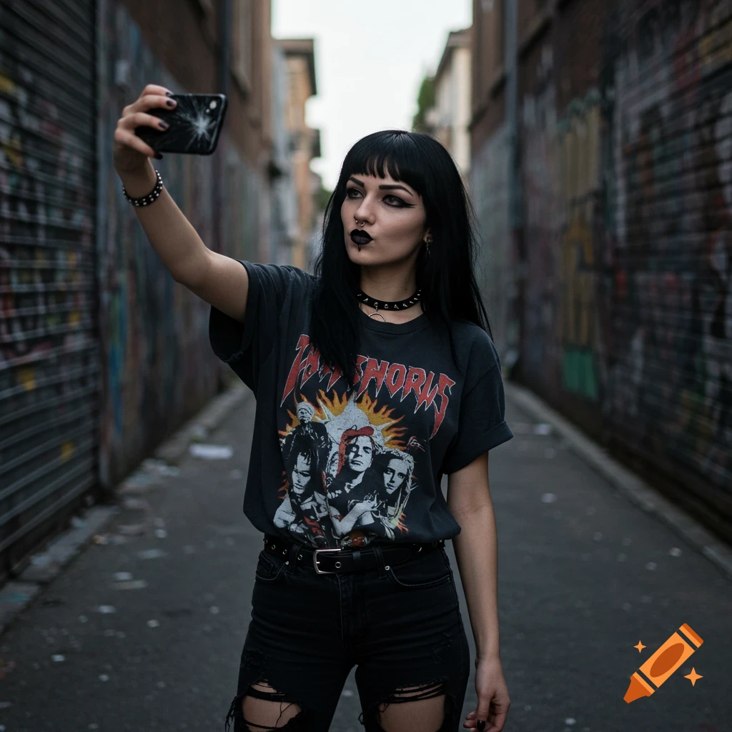 A woman with black hair, dark makeup, and alternative clothing takes a selfie in a graffiti-covered alley.