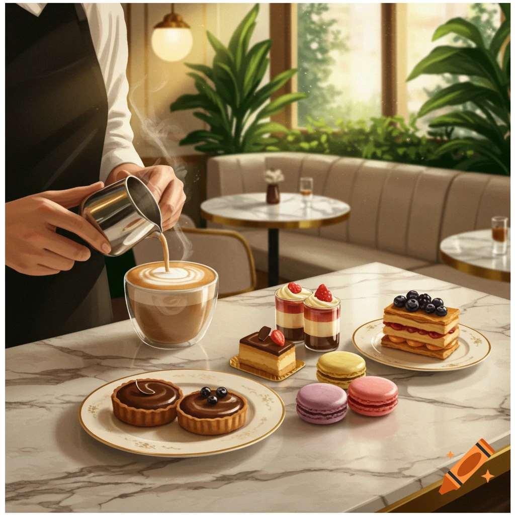 A barista pours latte art into a glass cup on a marble table, surrounded by chocolate tarts, macarons, and other decadent desserts in a sunlit cafe.