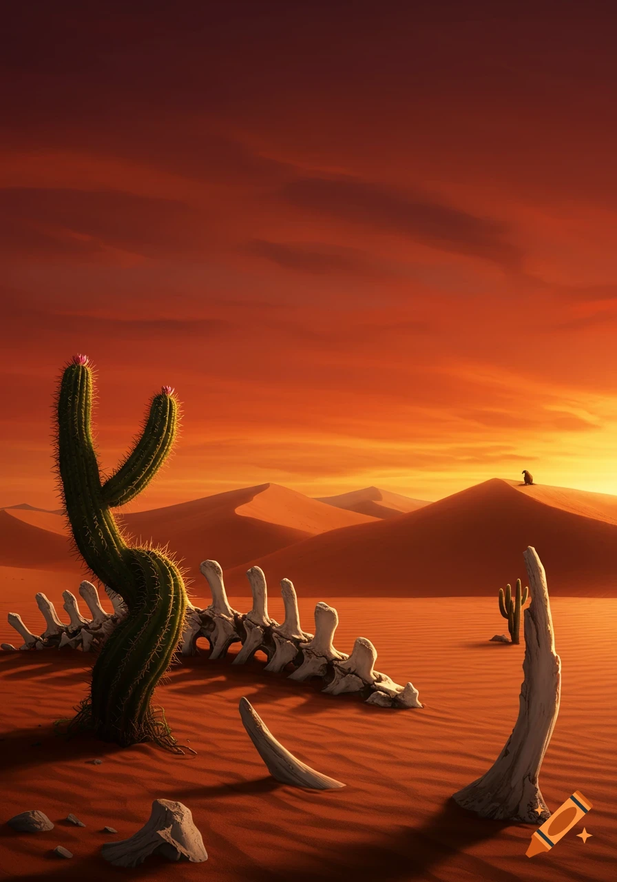 A vibrant red sunset over a desert landscape with sand dunes, a saguaro cactus, an animal skeleton, and a distant bird.