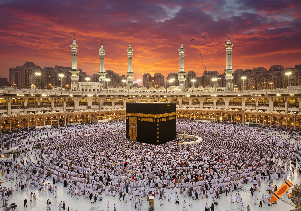 A large crowd of pilgrims circle the Kaaba at the Grand Mosque in Mecca during sunset, a photorealistic scene.