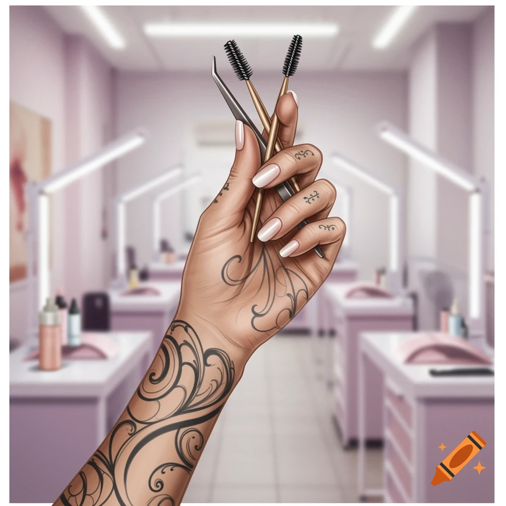 A close-up of a tattooed hand holding tweezers and two eyelash brushes in a blurred beauty salon.