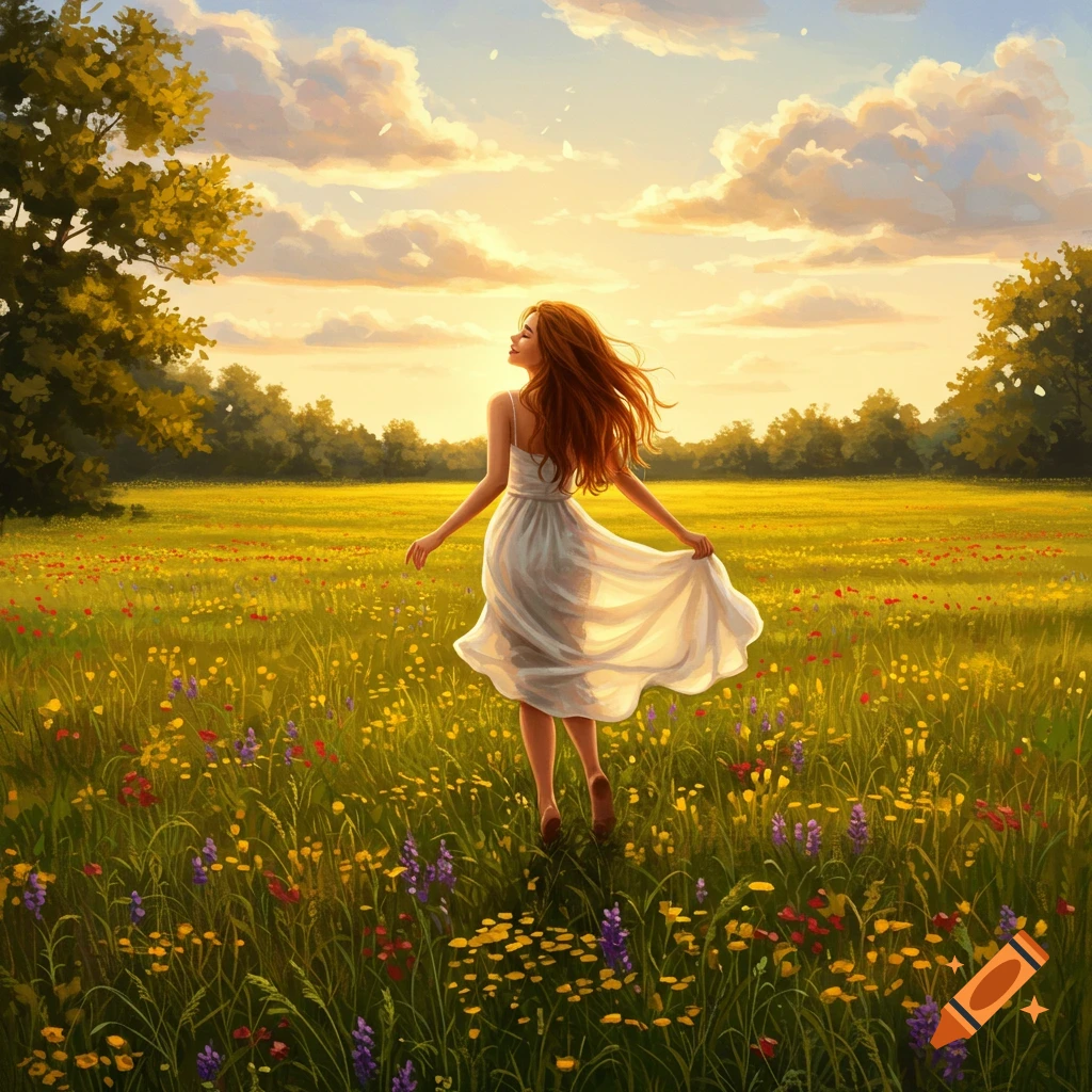Woman in white dress with long red hair walking through a vibrant wildflower field at sunset, illustration style.