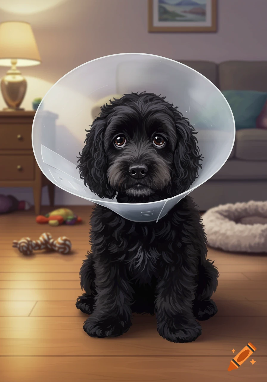 A cute black dog, possibly a cocker spaniel, sits on a wooden floor wearing a clear plastic cone. Dog toys and furniture are in the blurred background.