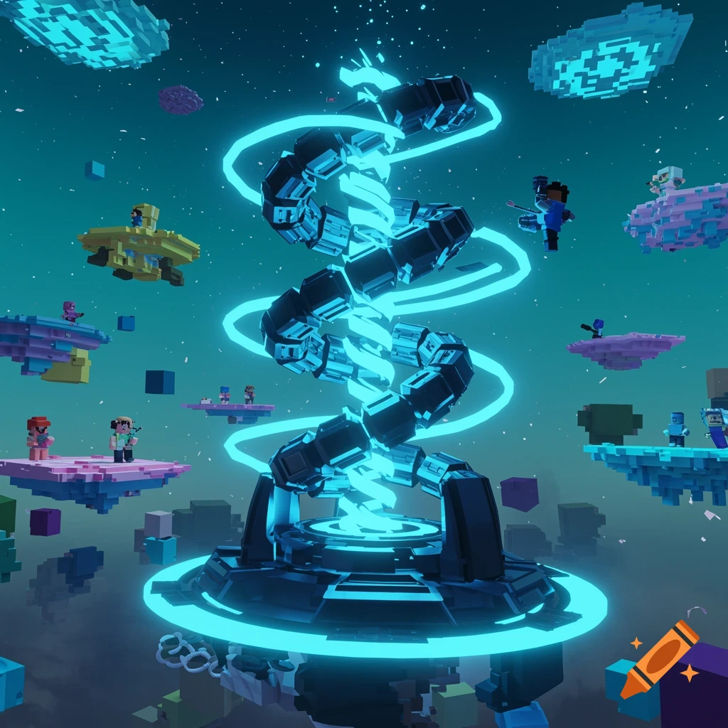 Voxel art scene with a glowing blue DNA-like structure, floating islands, and blocky characters in a starry sky.