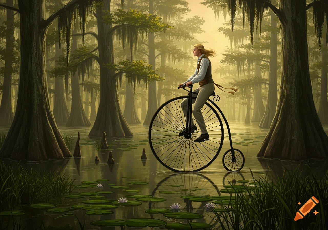 Blonde man rides a penny-farthing bicycle through a misty swamp filled with cypress trees and lily pads, in an illustrated style.
