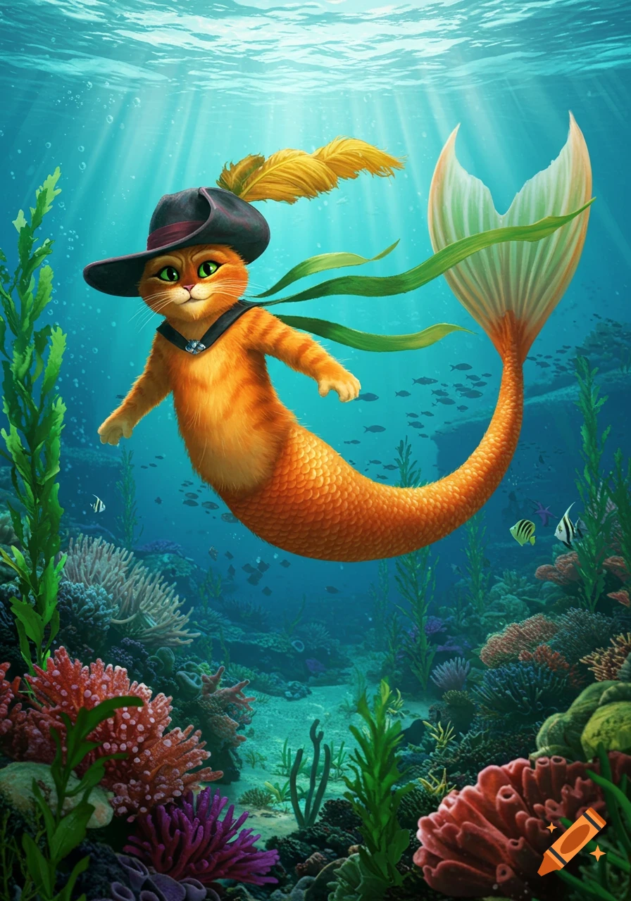 Puss in Boots as a mermaid, swimming underwater among colorful coral and fish, in a vibrant animated style.