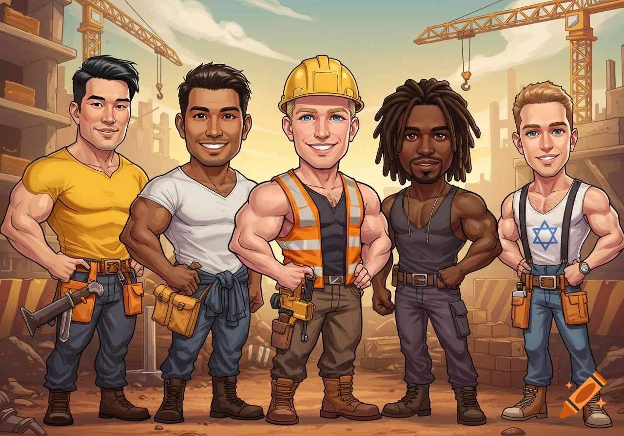 Five diverse, muscular cartoon men in construction gear stand smiling at a construction site with cranes in the background.