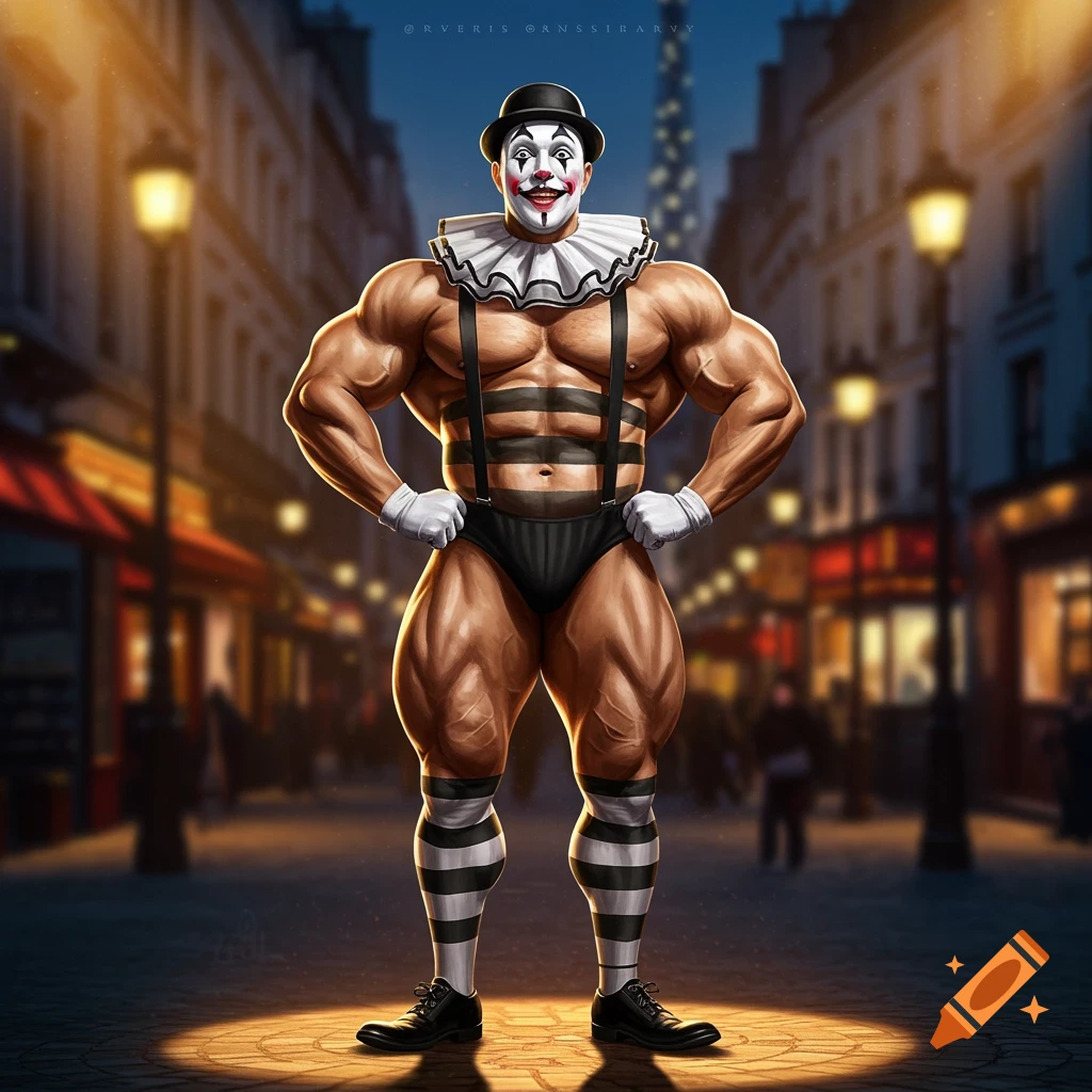 A muscular mime in a classic costume stands in a spotlight on a Paris street at night, with the Eiffel Tower in the background.