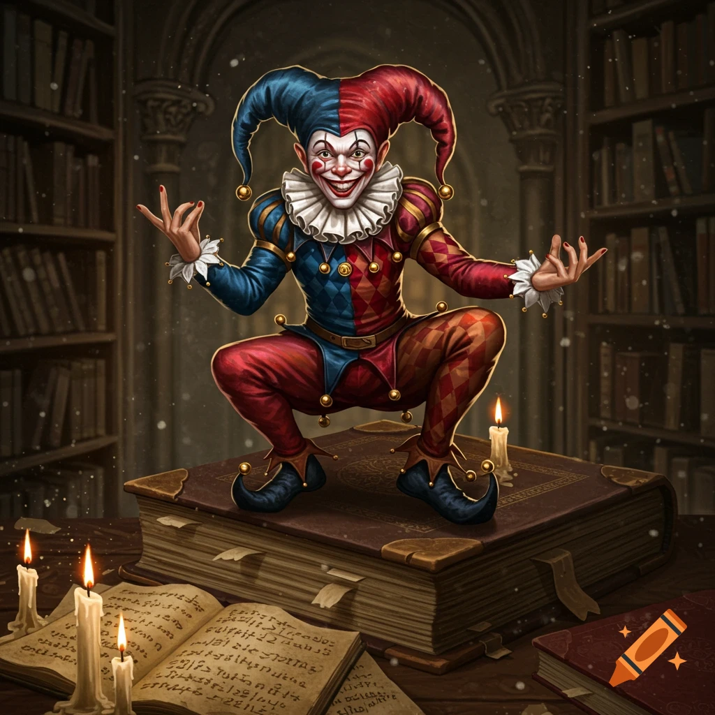 A whimsical jester in a red and blue harlequin costume with a ruffled collar perches on a large old book in a dimly lit library, with lit candles and open books in the foreground.