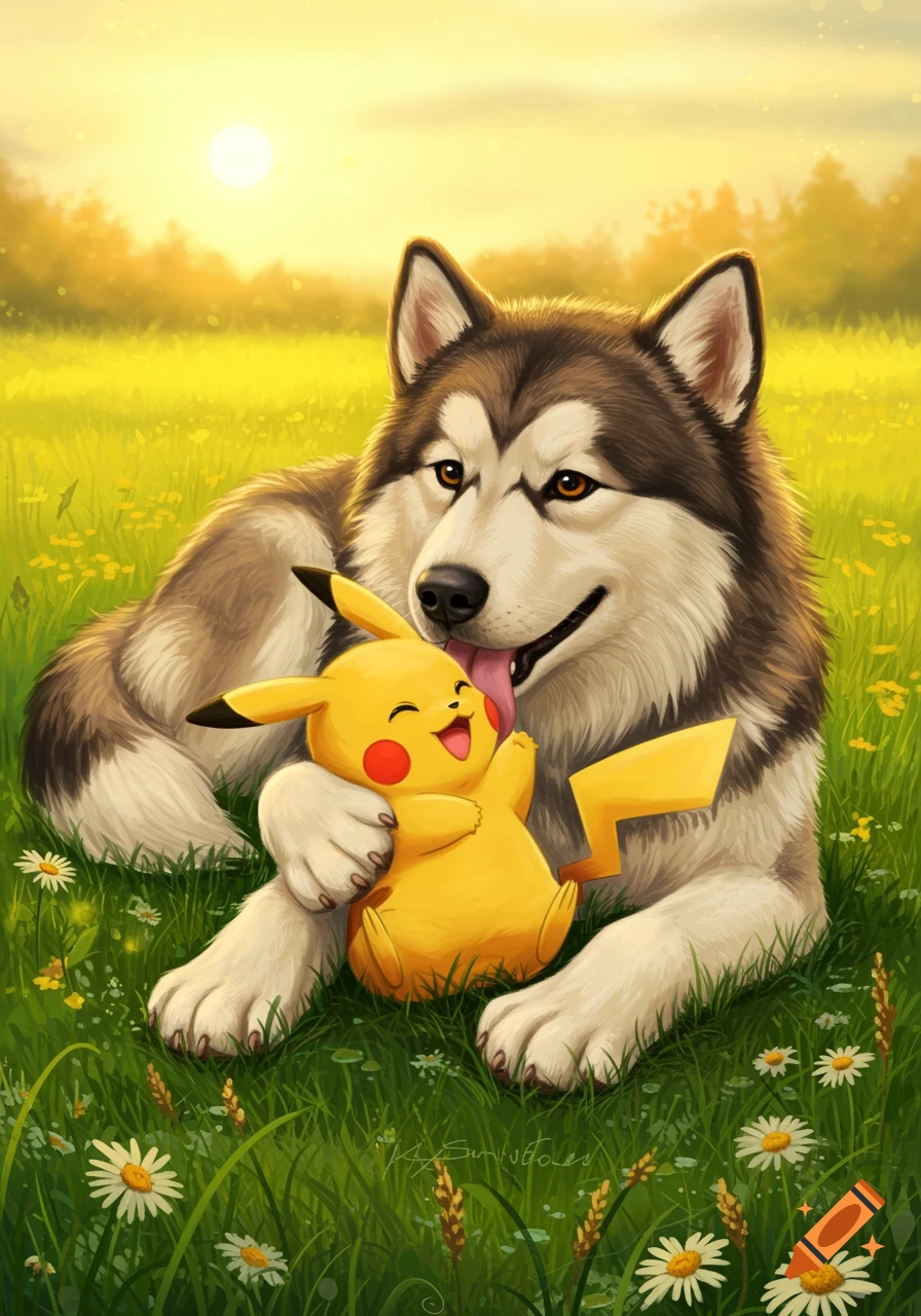 A friendly Malamute dog happily licks a smiling Pikachu while sitting in a sunny, grassy field with daisies.