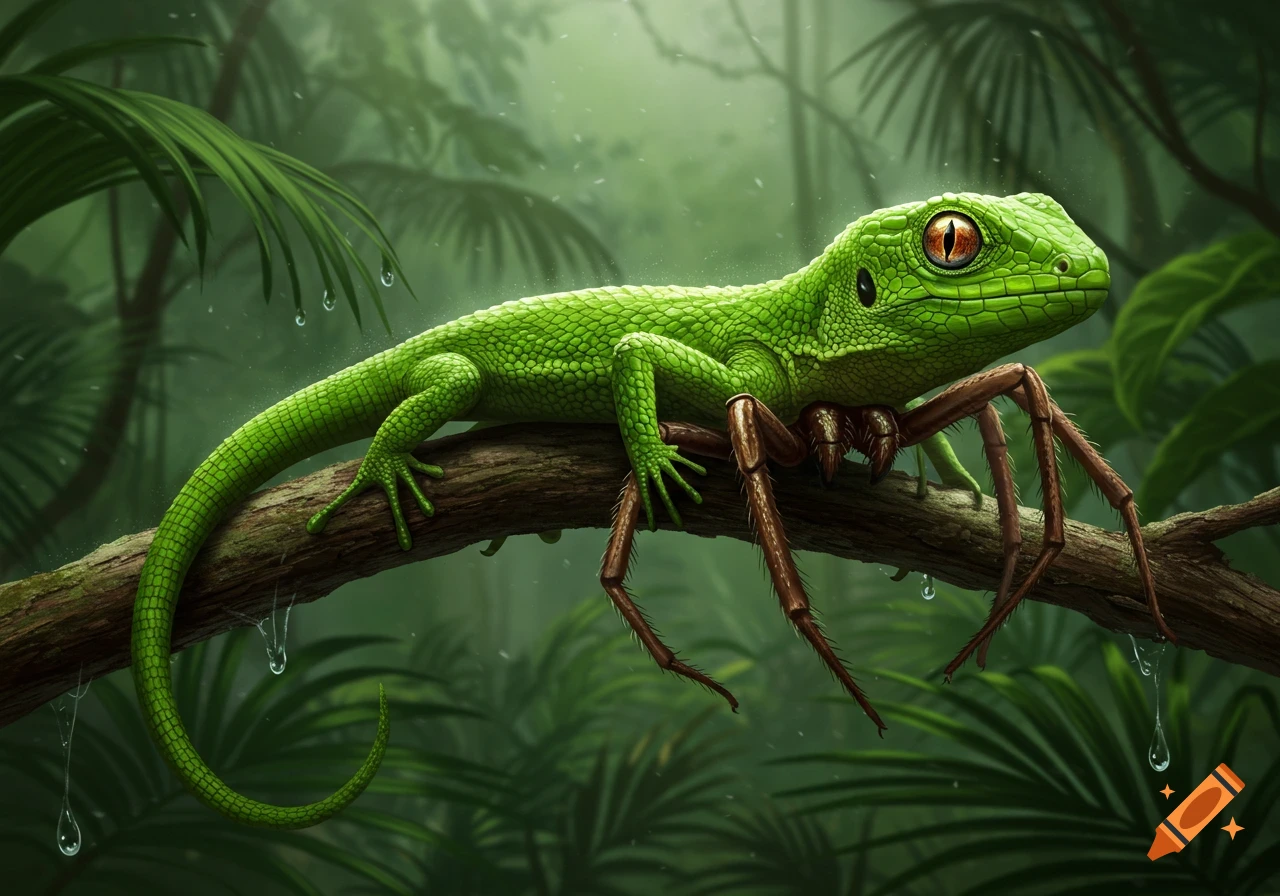A realistic green lizard with brown spider legs perches on a tree branch in a lush, misty jungle.