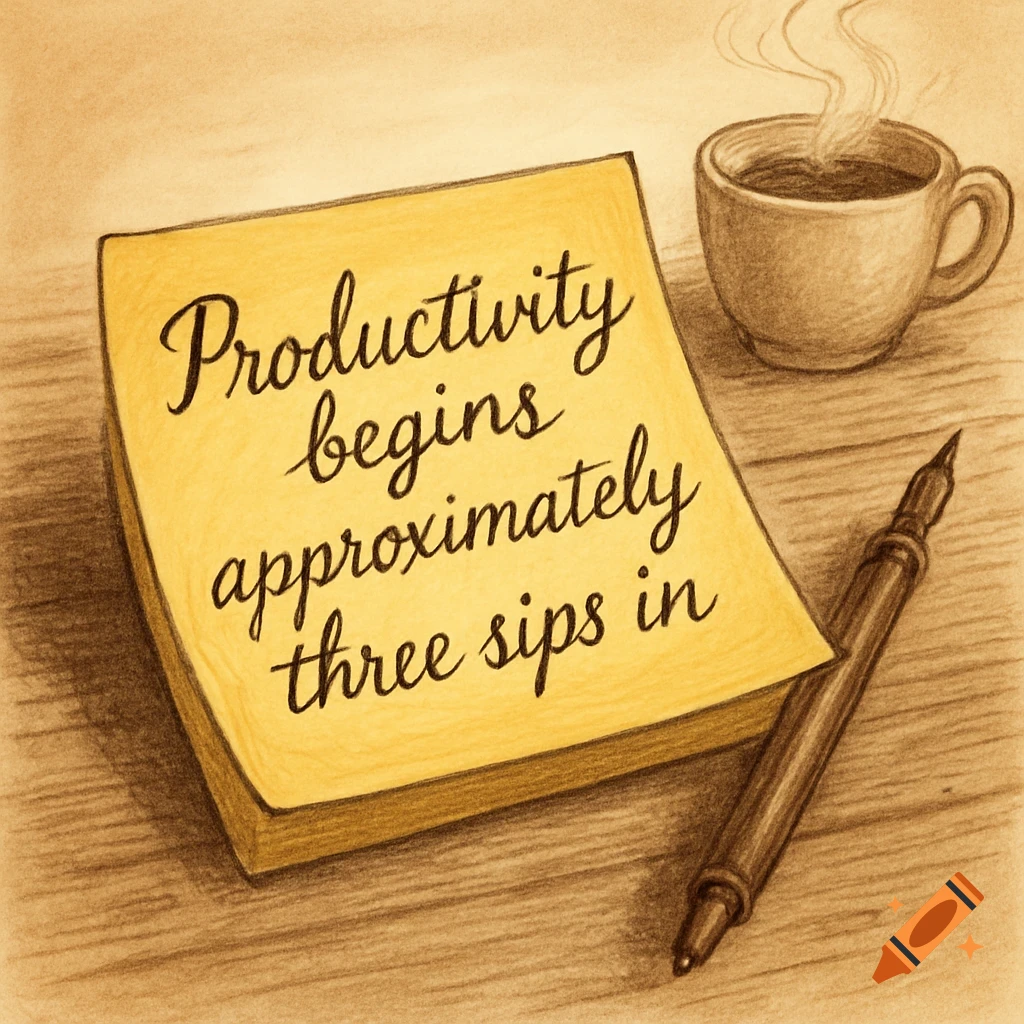 Hand-drawn sepia illustration of a sticky note reading 'Productivity begins approximately three sips in' with a coffee cup and pen.