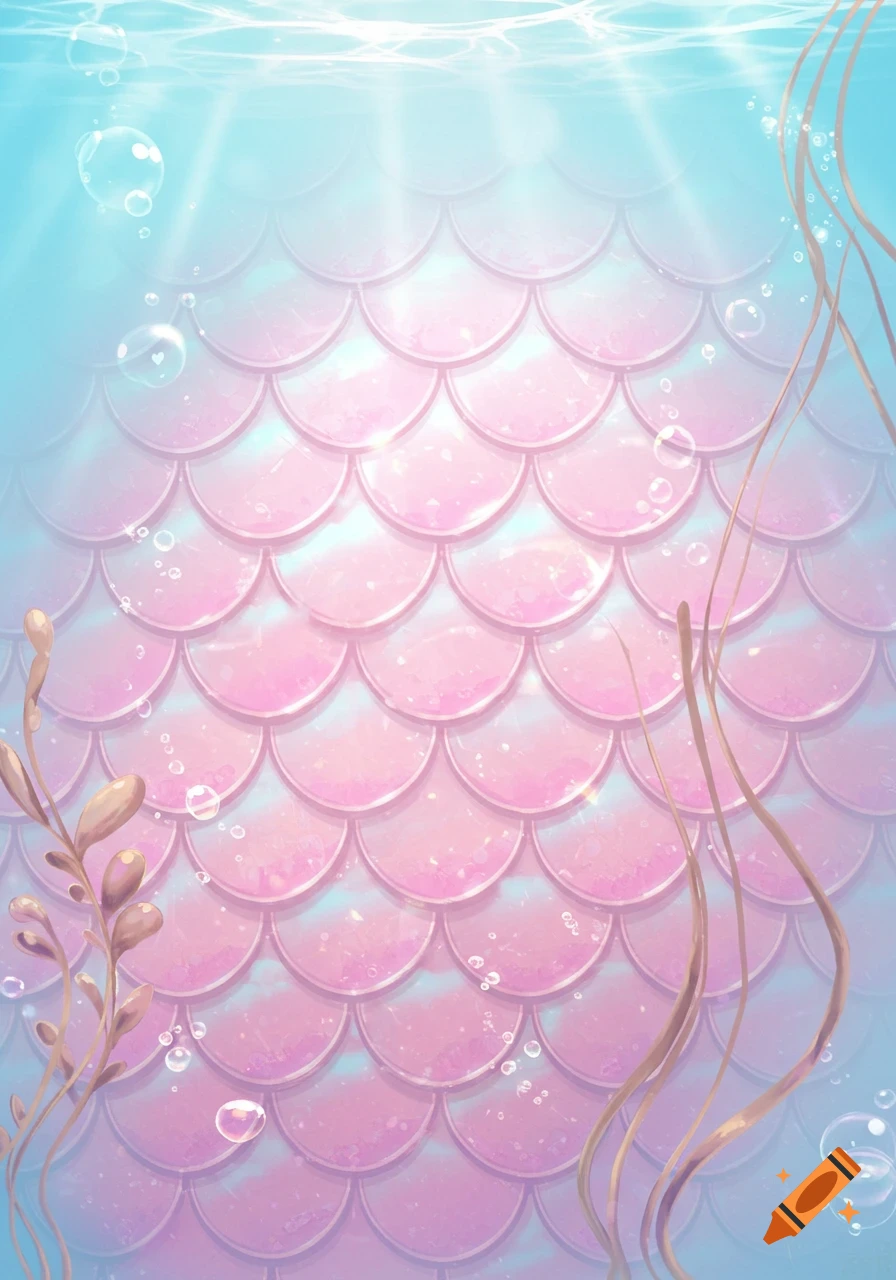 Pink and blue mermaid scales background with bubbles and seaweed under sparkling water.