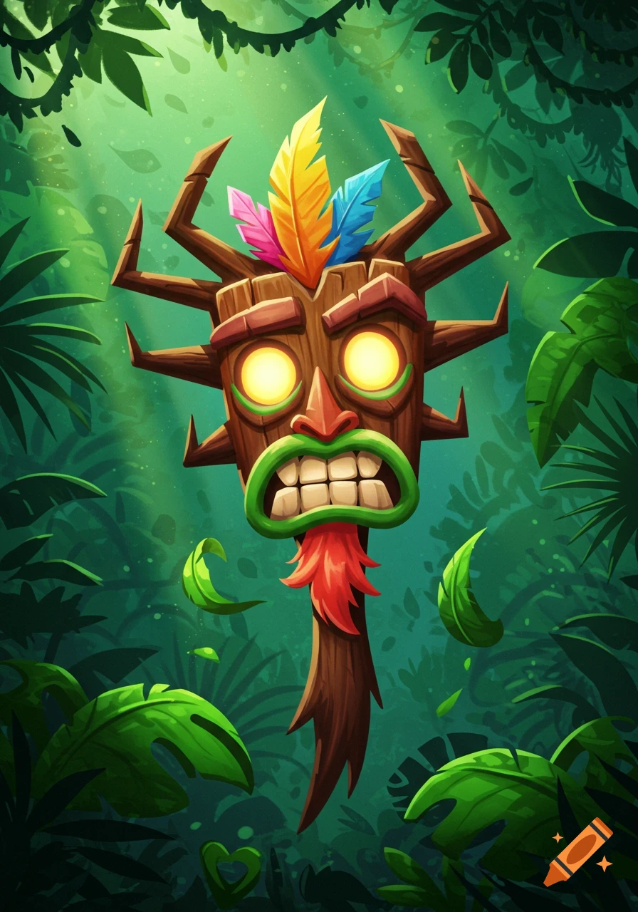 Stylized cartoon illustration of Aku Aku, a wooden mask with glowing yellow eyes, green mouth, and colorful feathers, in a lush jungle.