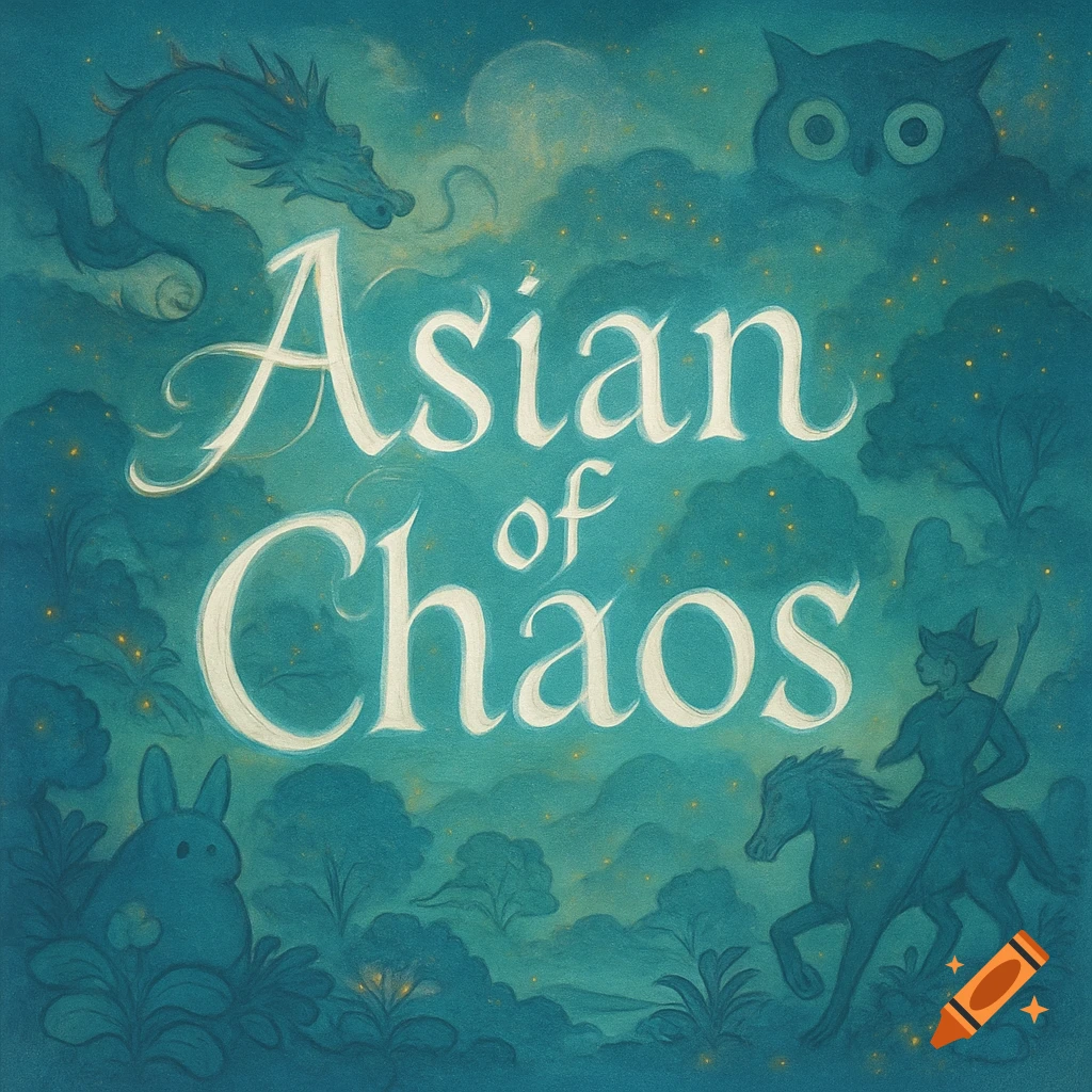 A whimsical fantasy illustration with the text 'Asian of Chaos' above a dragon, owl, rabbit, and a person on horseback in a misty, glowing forest.