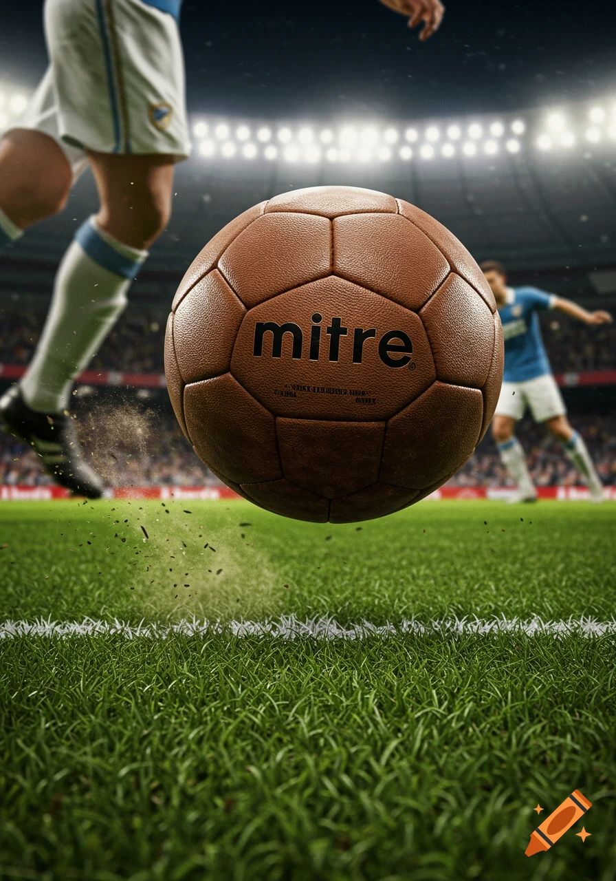 A brown leather soccer ball with 'mitre' branding hovers over a green soccer field, with blurred players in a stadium background.