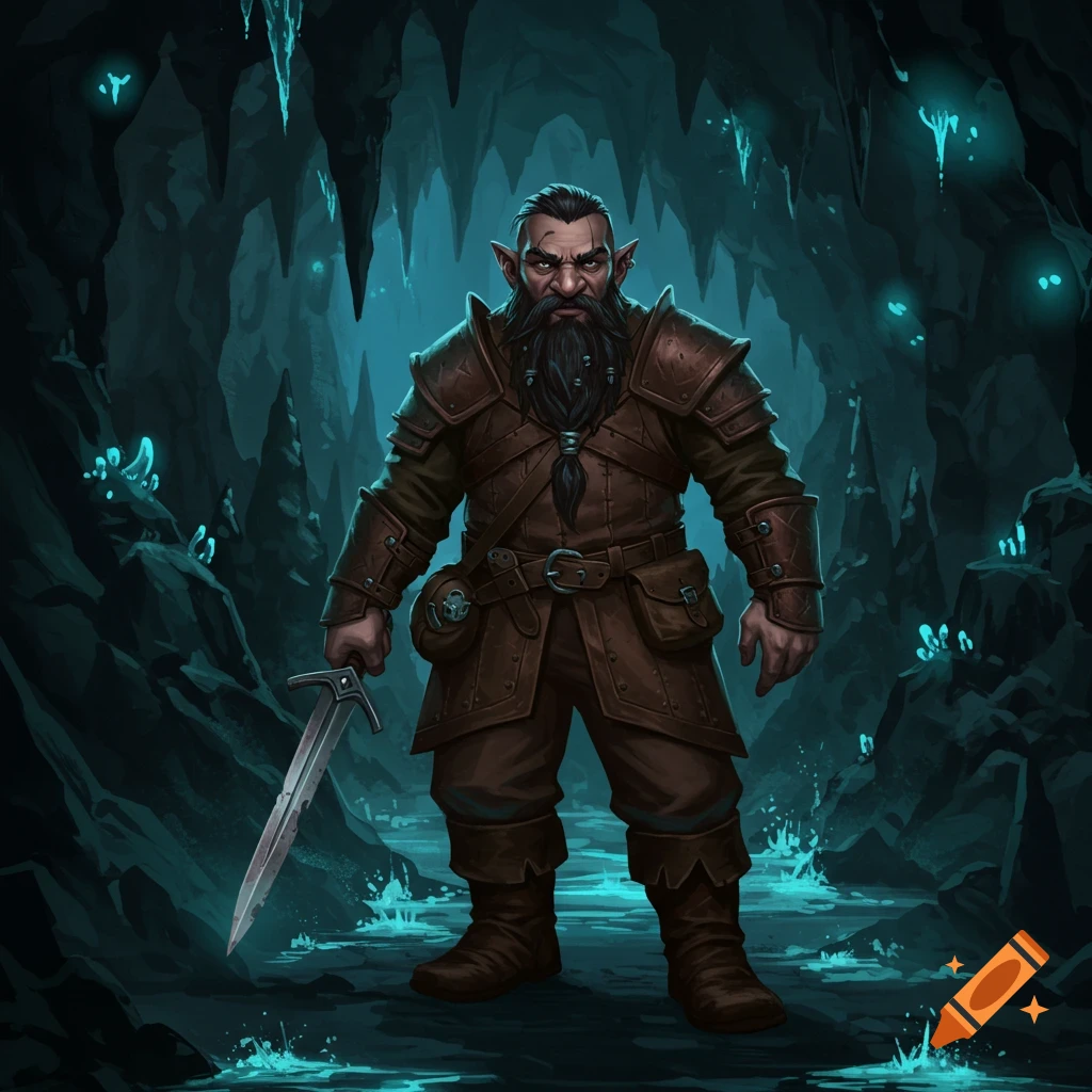 A dark fantasy illustration of a bearded deep gnome warrior in brown leather armor, holding a sword in a bioluminescent cave.