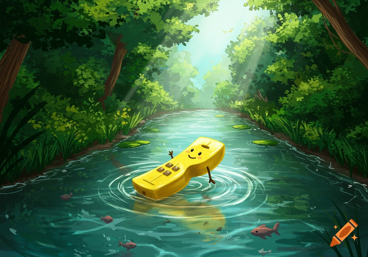 A smiling yellow cartoon kazoo floats down a river in a sun-drenched green forest, surrounded by lily pads and fish.
