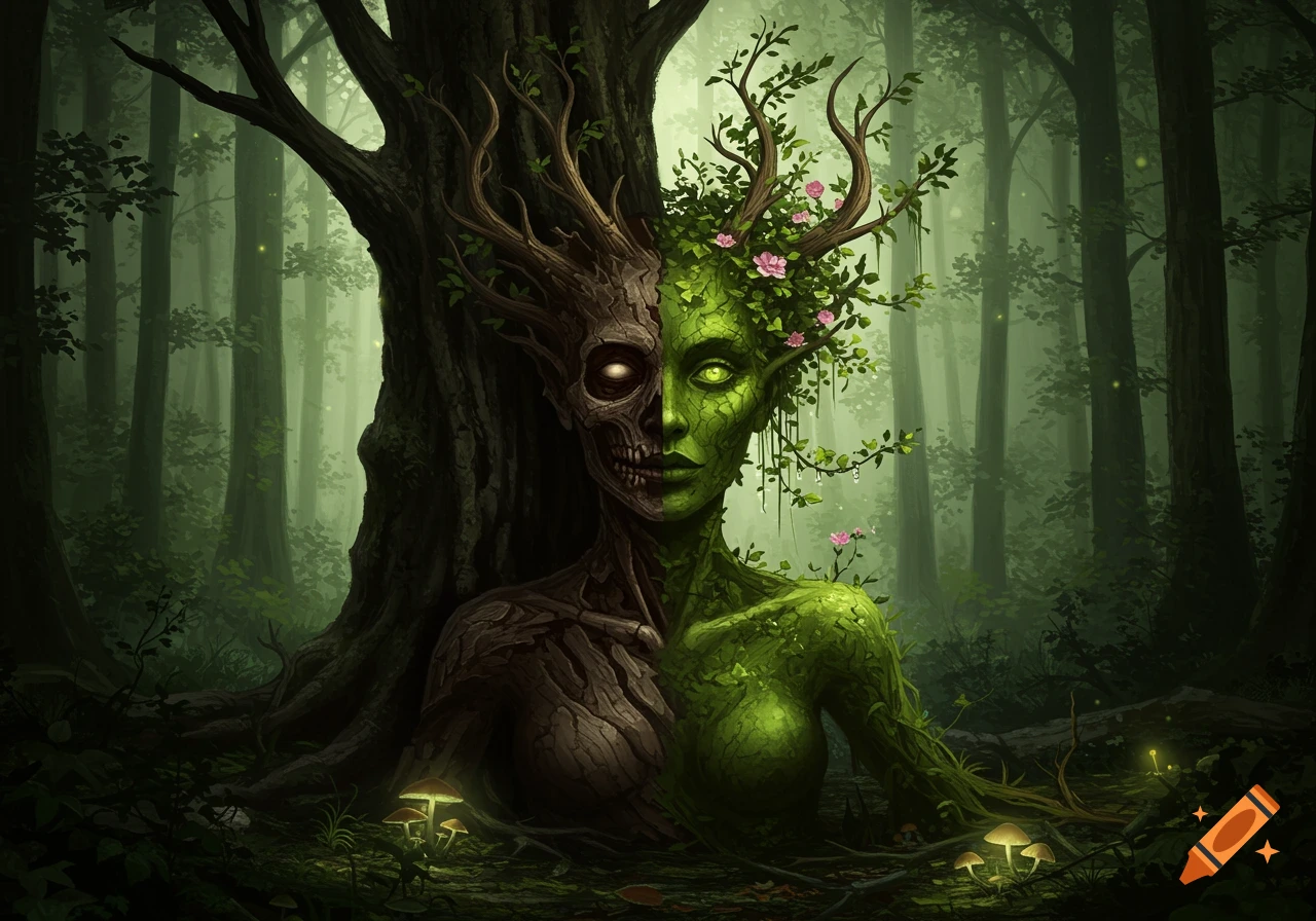 A mystical half-decayed, half-green wood nymph with glowing eyes stands beside a tree in a dark, misty forest with glowing mushrooms.