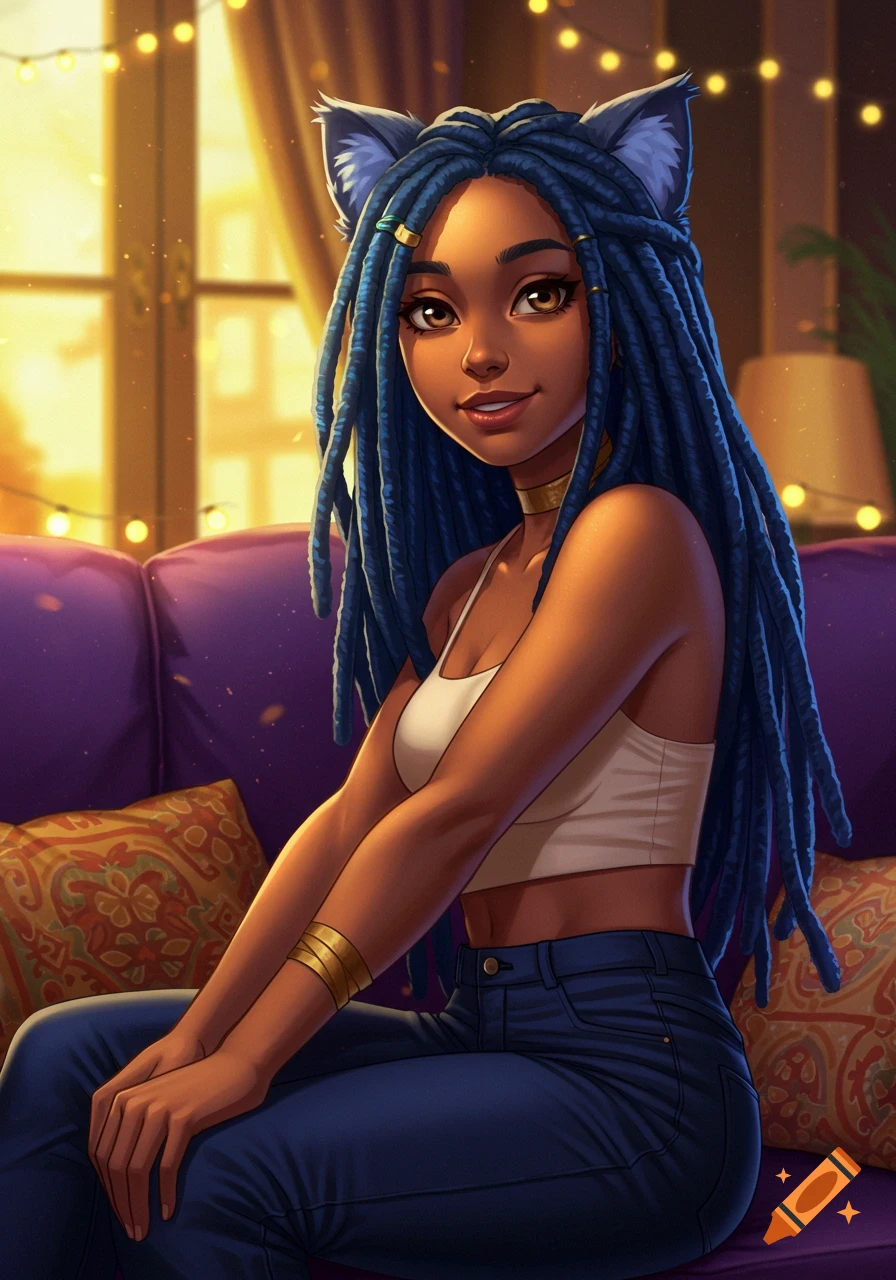 Anime-style woman with brown skin, blue-black locs styled into cat ears, white crop top, and jeans, smiling on a purple couch.
