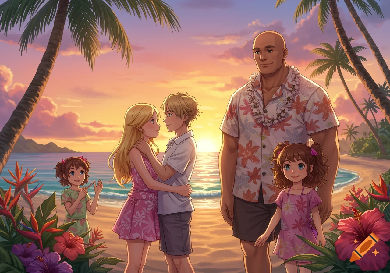 An anime-style family, including a blonde couple, a bald man, and two young girls, stands on a beach at sunset with palm trees.