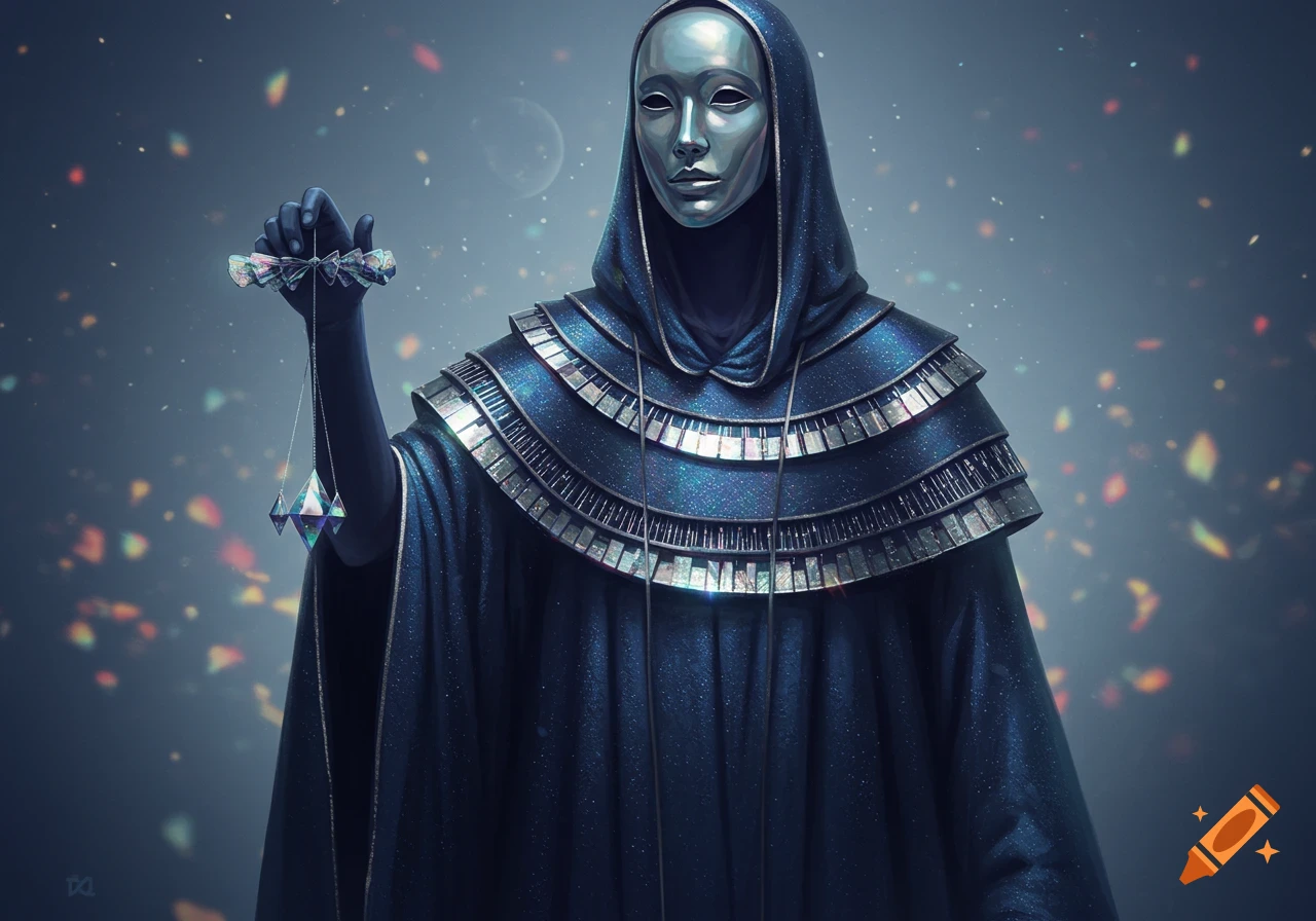 A hooded figure in shimmering blue robes and a silver mask holds a glowing pendulum.