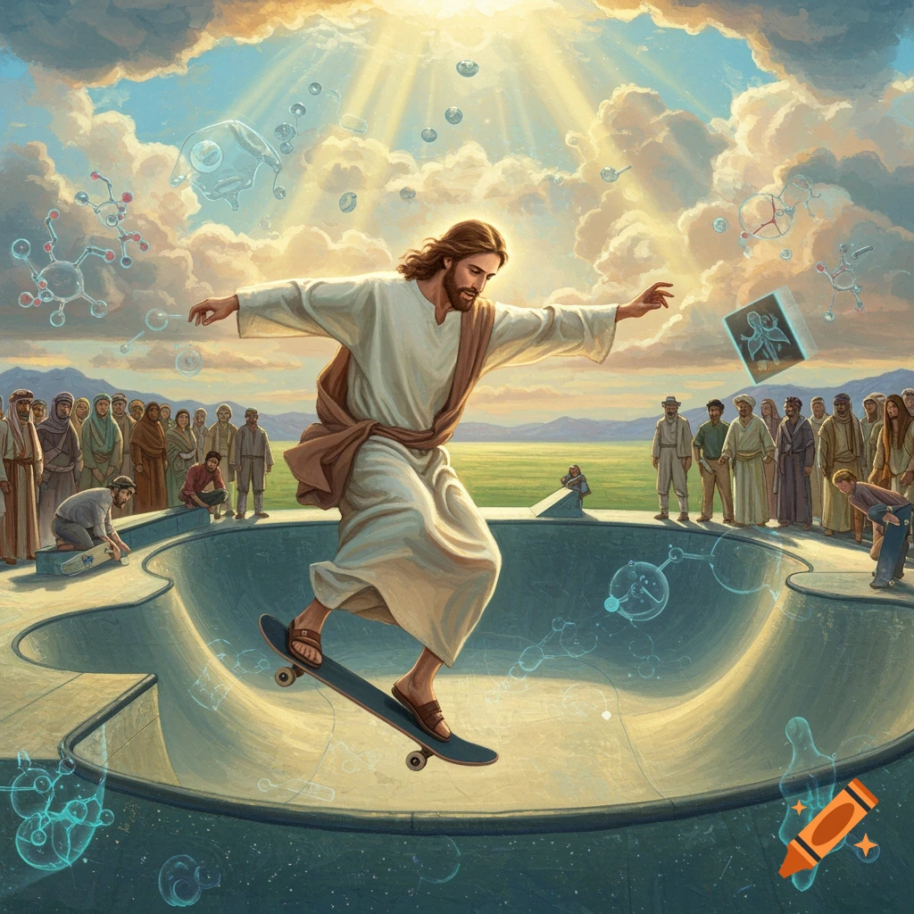 Jesus Christ skateboards in a modern skate park, surrounded by people, with floating molecular structures and bright light from the sky.