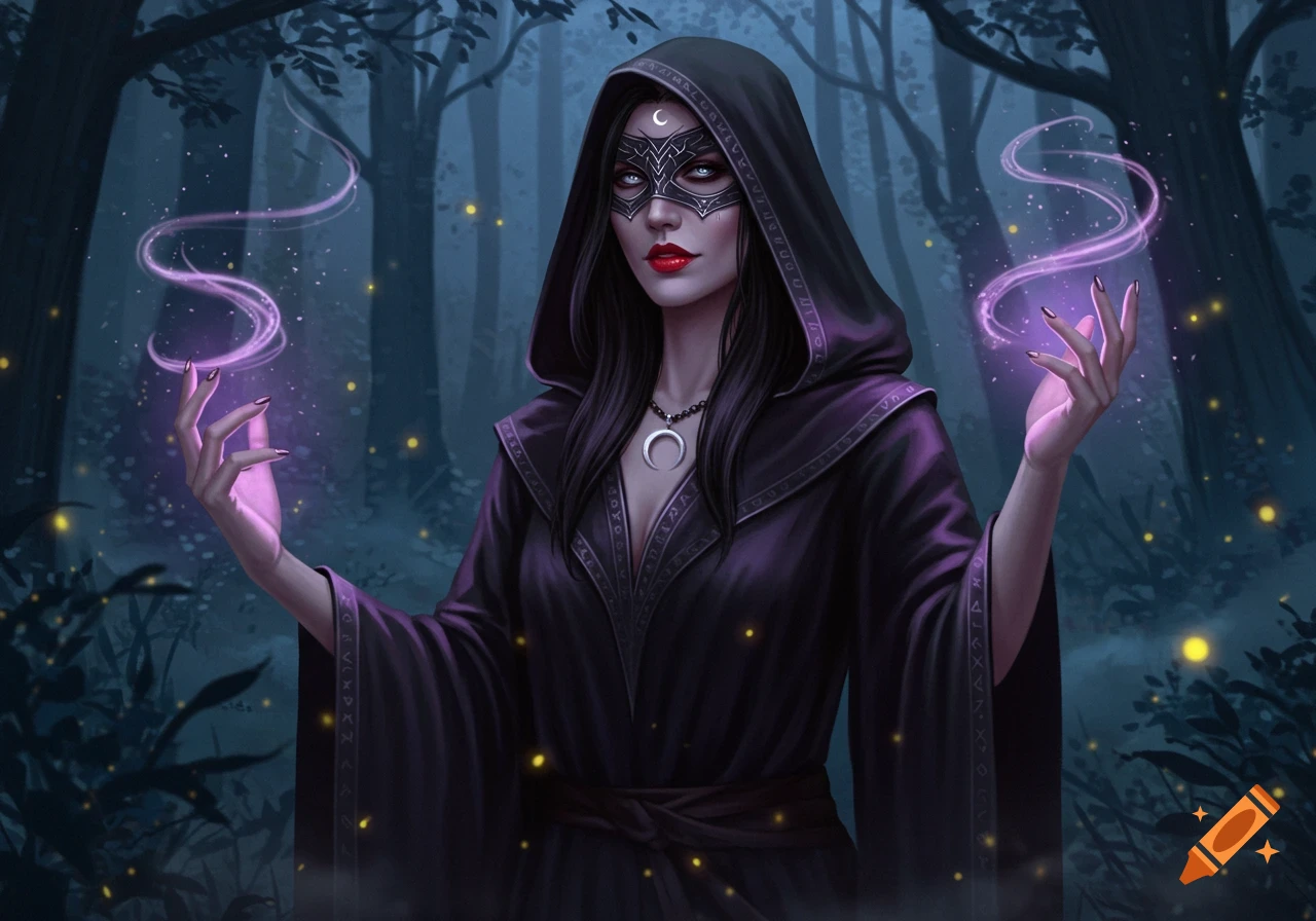 Female warlock in a hooded black robe and mask, with red lips, casts a purple spell in a dark forest.