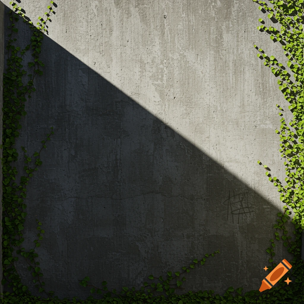A textured concrete wall partially covered in green ivy, with a strong diagonal shadow casting across it.