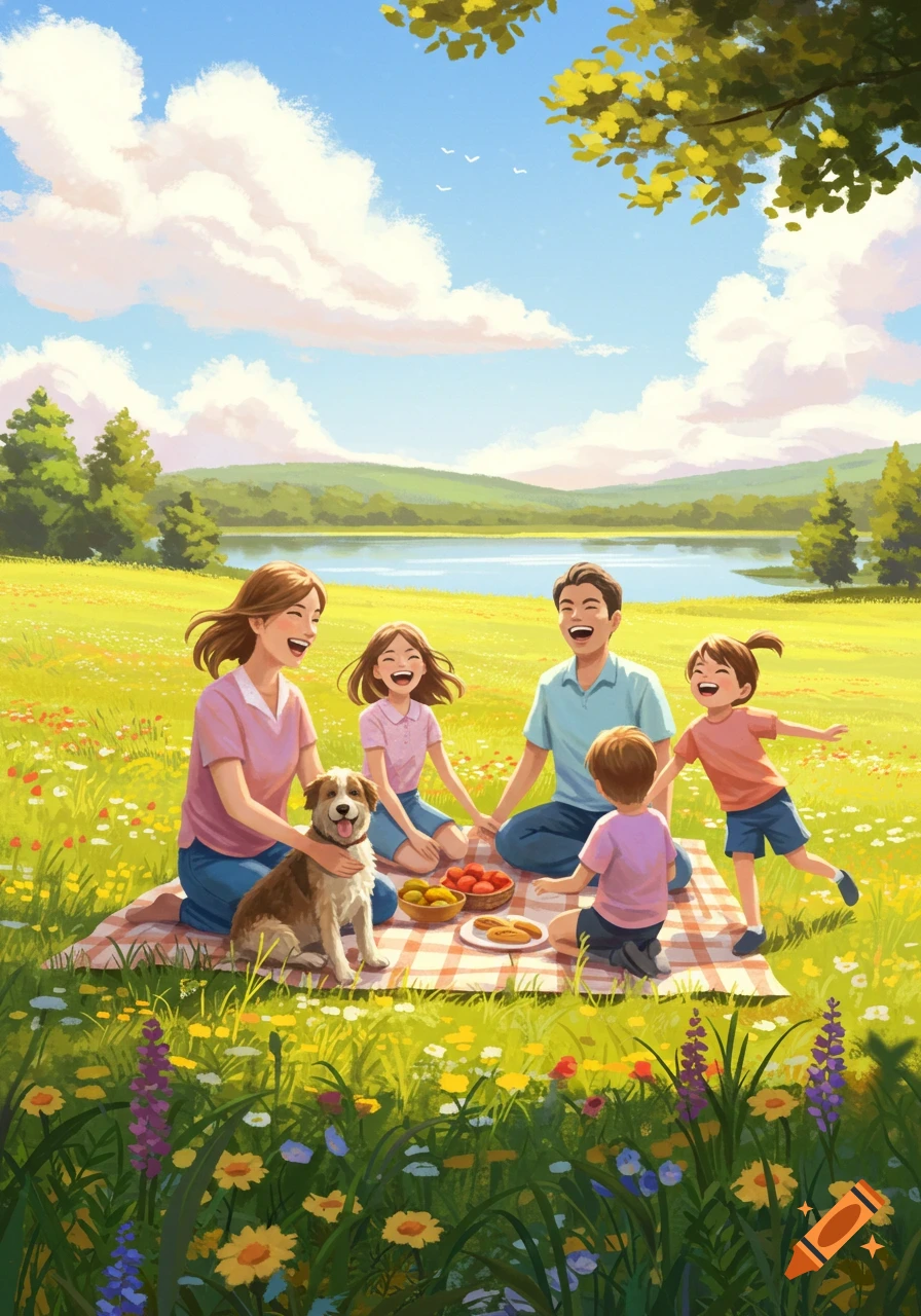 Illustrated family picnic in a vibrant green field with a dog, by a lake and mountains under a blue sky.