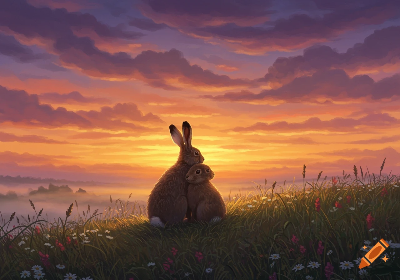 Two brown hares embracing on a grassy hill, silhouetted against a vibrant orange and purple sunset sky over a misty landscape.