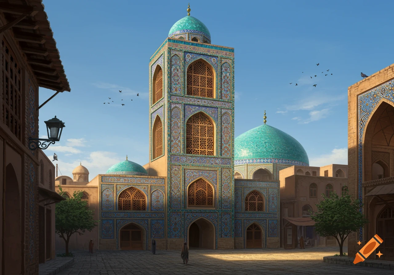 A grand building with a tall tower and domes, featuring intricate blue and green mosaic tiles, stands in a sunlit square.