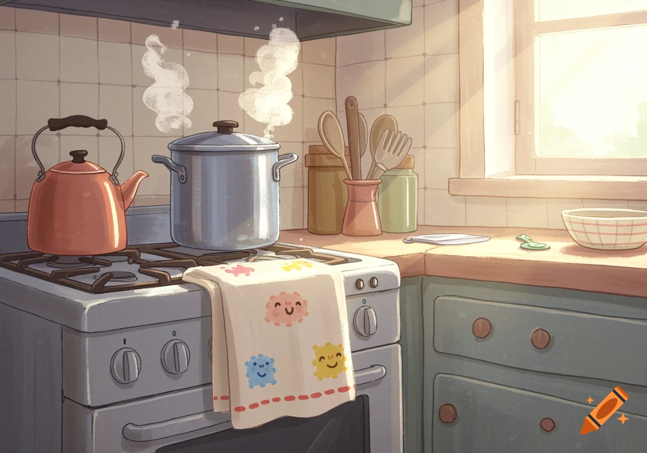 A warm, sunny cartoon kitchen scene with a red kettle and a pot steaming on a stove, next to a cute towel.