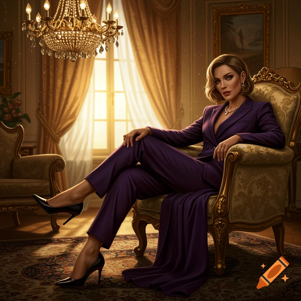 A woman in a purple suit sits elegantly in a luxurious gold chair in a well-appointed room.