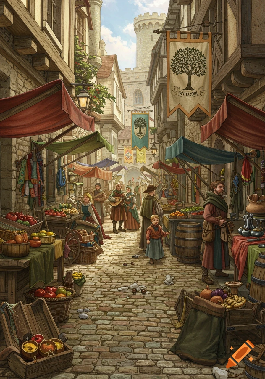 A vibrant medieval fantasy market street with vendor stalls, townsfolk, and a castle tower in the background, in an illustrated style.