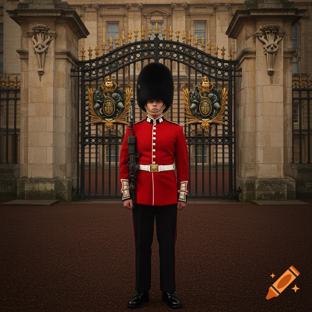 A Coldstream Guard in a red uniform and bearskin hat stands at attention in front of the ornate black and gold gates of Buckingham Palace.