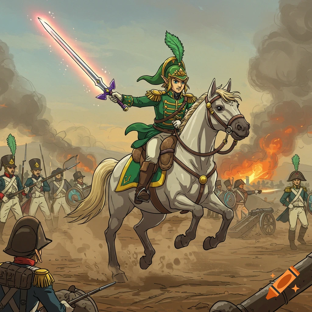 Cartoon Link in 1800s military uniform riding a horse with sword outstretched on a Napoleonic battlefield.