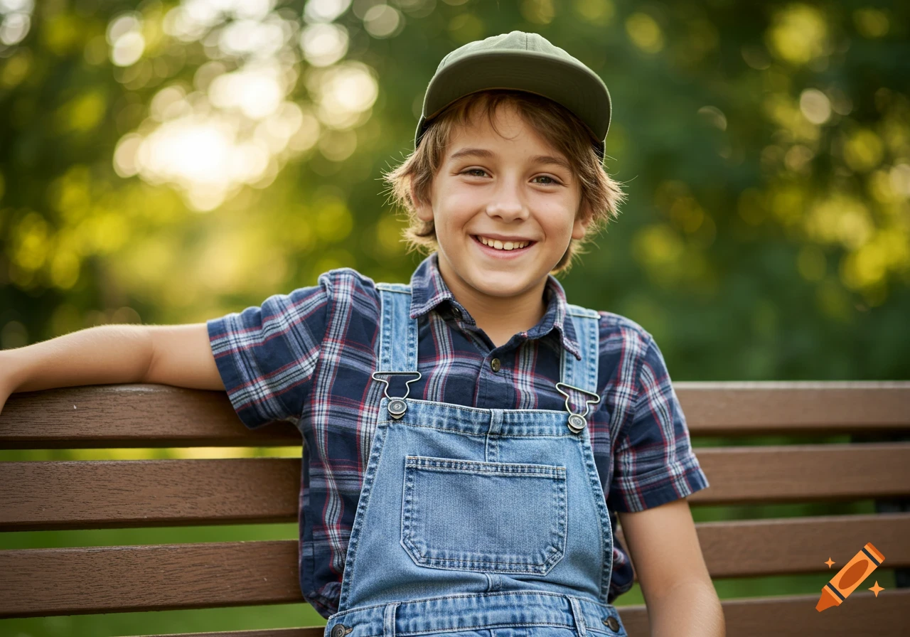 A cheerful preteen boy in a plaid shirt and denim overalls sits on a wooden bench outdoors, smiling. Sunlight filters through green trees.